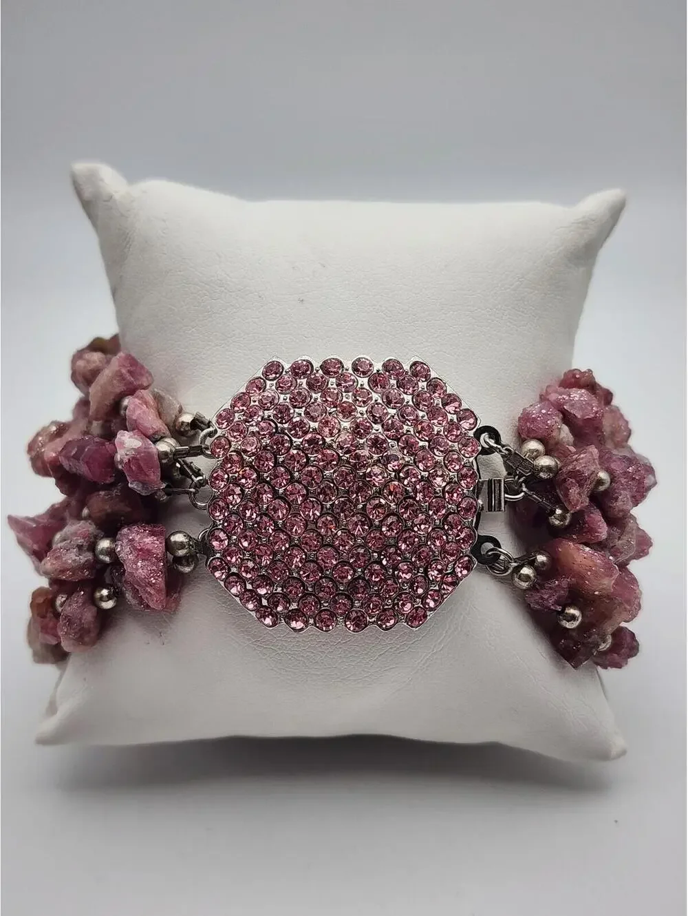 Chunky Pink Multi-Strand Rough Raw Tourmaline Bracelet with Rhinestone Clasp